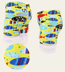 Calção de banho infantil para meninos, modelo 2024, com estampa de dinossauro e tubarão em desenho animado. Ideal para praia e uso casual.