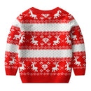 Suéter de Natal infantil e juvenil em tricô, com estampa de rena em jacquard, gola redonda e mangas compridas. Ideal para o outono e inverno.