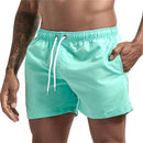 Calção de banho masculino com forro de tela, bolsos laterais, cor sólida, shorts de praia, secagem rápida, leve, com cordão, ideal para o verão.