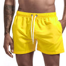 Calção de banho masculino com forro de tela, bolsos laterais, cor sólida, shorts de praia, secagem rápida, leve, com cordão, ideal para o verão.