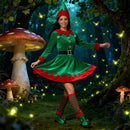 Fantasia feminina de Natal para cosplay: vestido de elfo verde com chapéu, cinto, botas e meias. Ideal para festas temáticas.