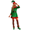 Fantasia feminina de Natal para cosplay: vestido de elfo verde com chapéu, cinto, botas e meias. Ideal para festas temáticas.